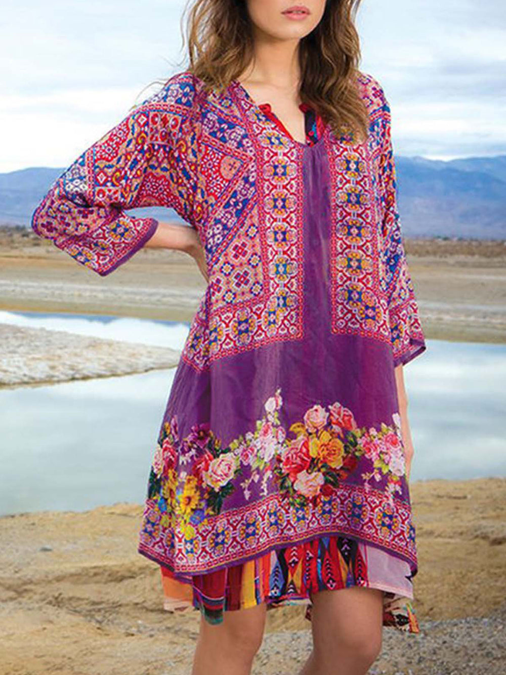 Boho-Kleid in Türkis mit Blumenmuster - Liora