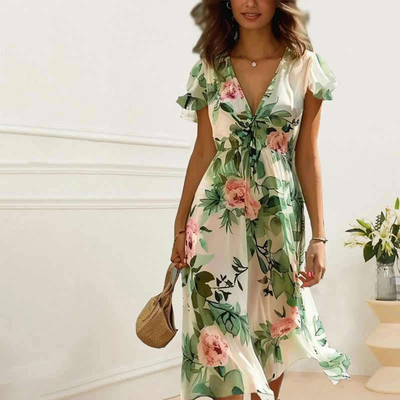 Weißes Blumen-Midi-Kleid - Charlotte