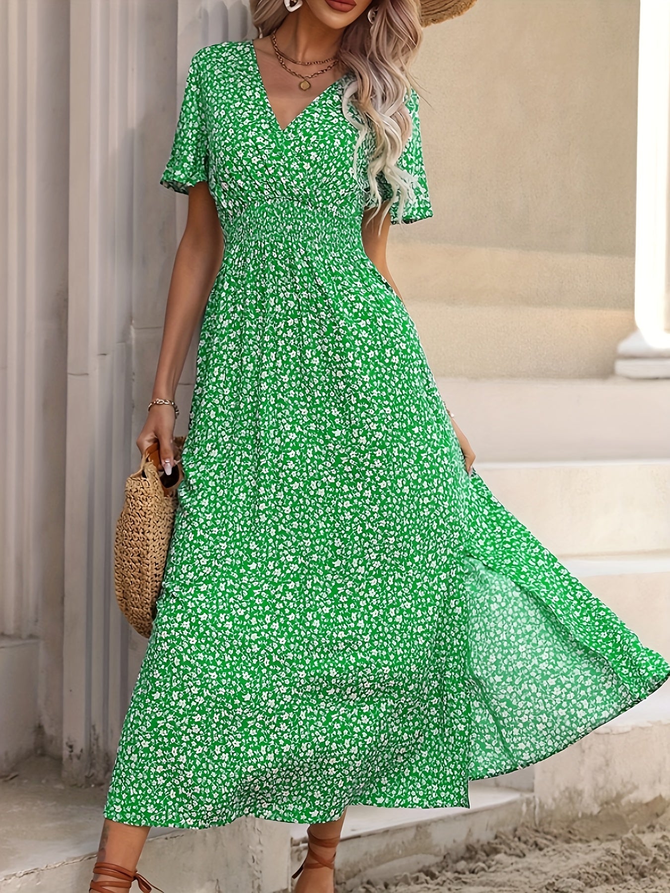 Blaues Blumenprint-Kleid mit Schlitz - Sofia