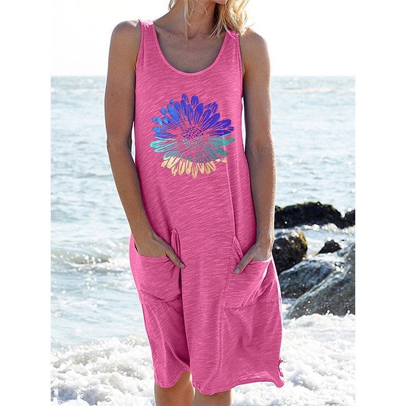 Bedrucktes ärmelloses Strickkleid Langes Freizeitkleid