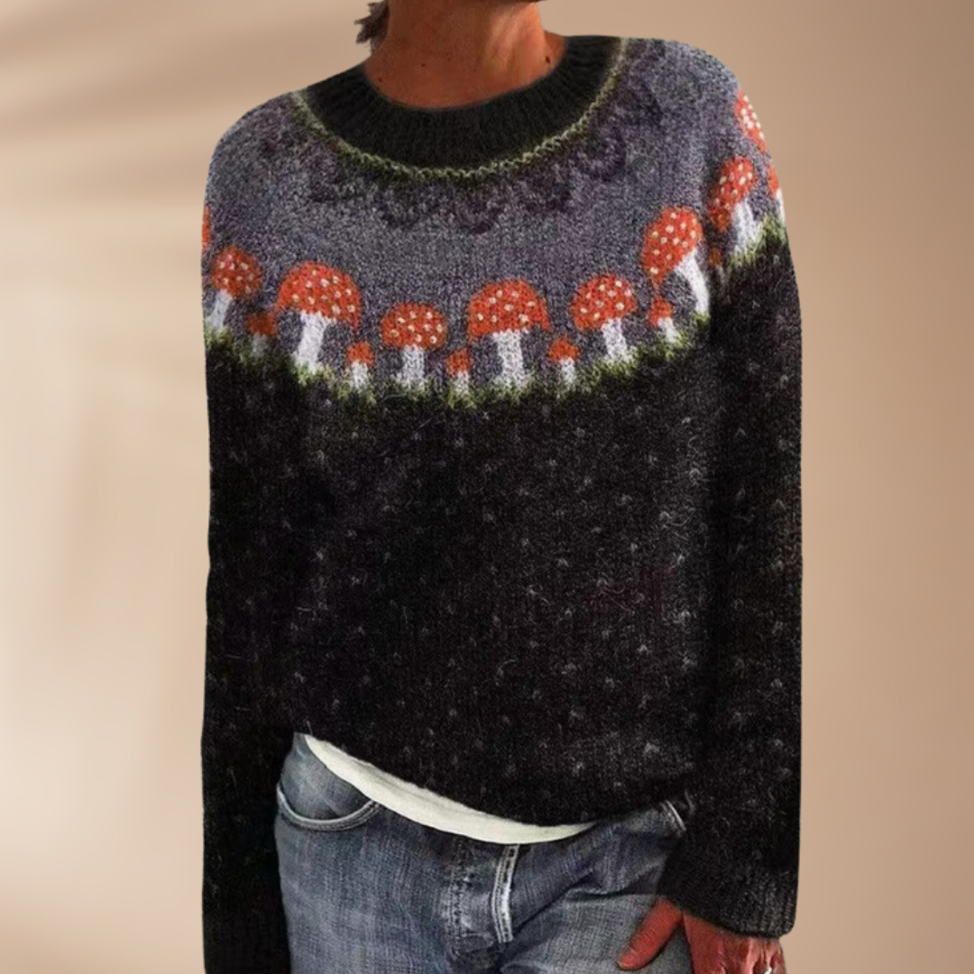 Schwarzer Pullover mit Pilzprint Damen – Zoe