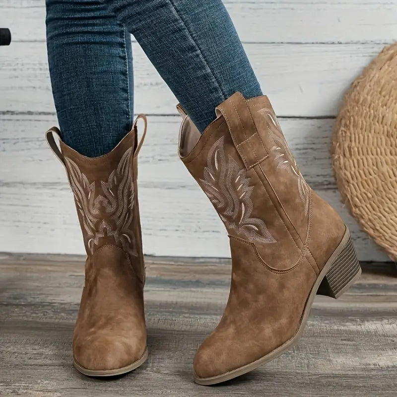 Damen jeans-cowboy-stiefel mit blockabsatz – markanter western-look