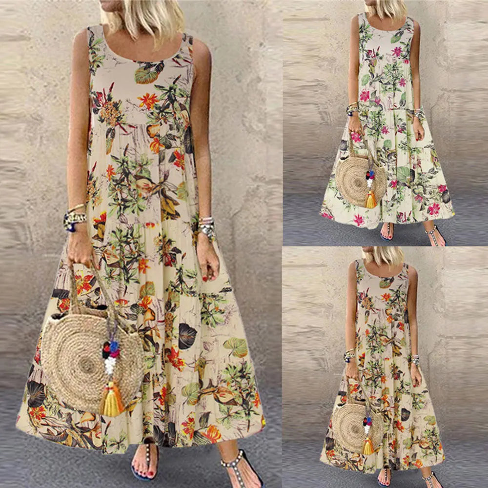 Elisa - Beigefarbenes Maxikleid mit Blumenprint