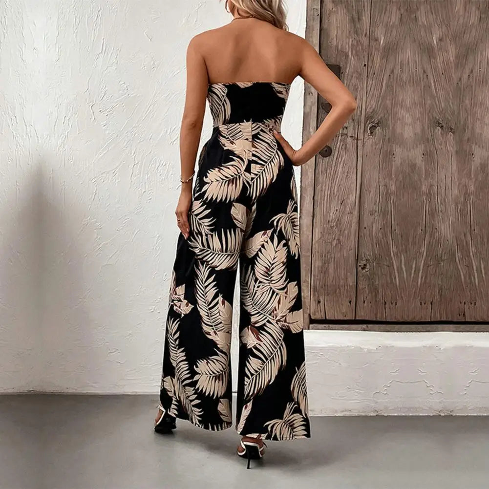 Schwarzer trägerloser Jumpsuit mit Palmenprint - Isabel