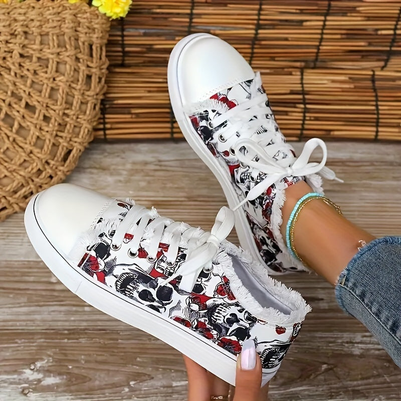 Damen Skull Print Canvas Sneakers – Bequeme Freizeitschuhe mit Schnürung