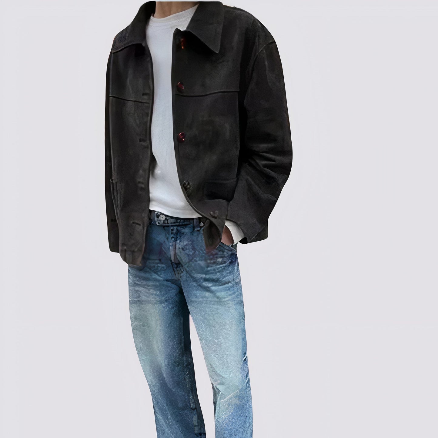 Vintage Wildlederjacke aus weichem Wildleder mit Knopfverschluss und lockerer Silhouette, ideal für lässige und Retro-inspirierte Looks.