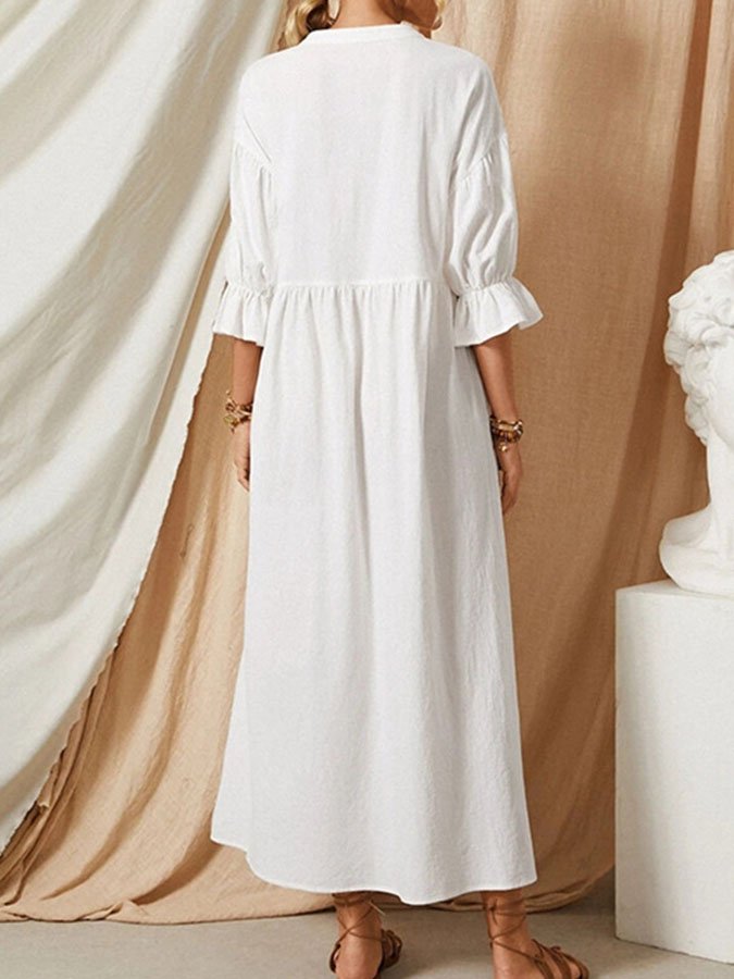 Leinen-Maxikleid mit Knopfleiste und Ballonärmeln