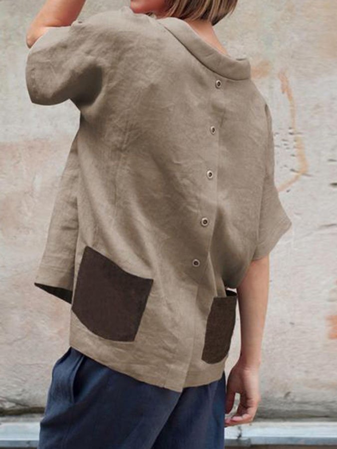 Leinentop mit Knopfleiste – rundhalsausschnitt & seitentasche