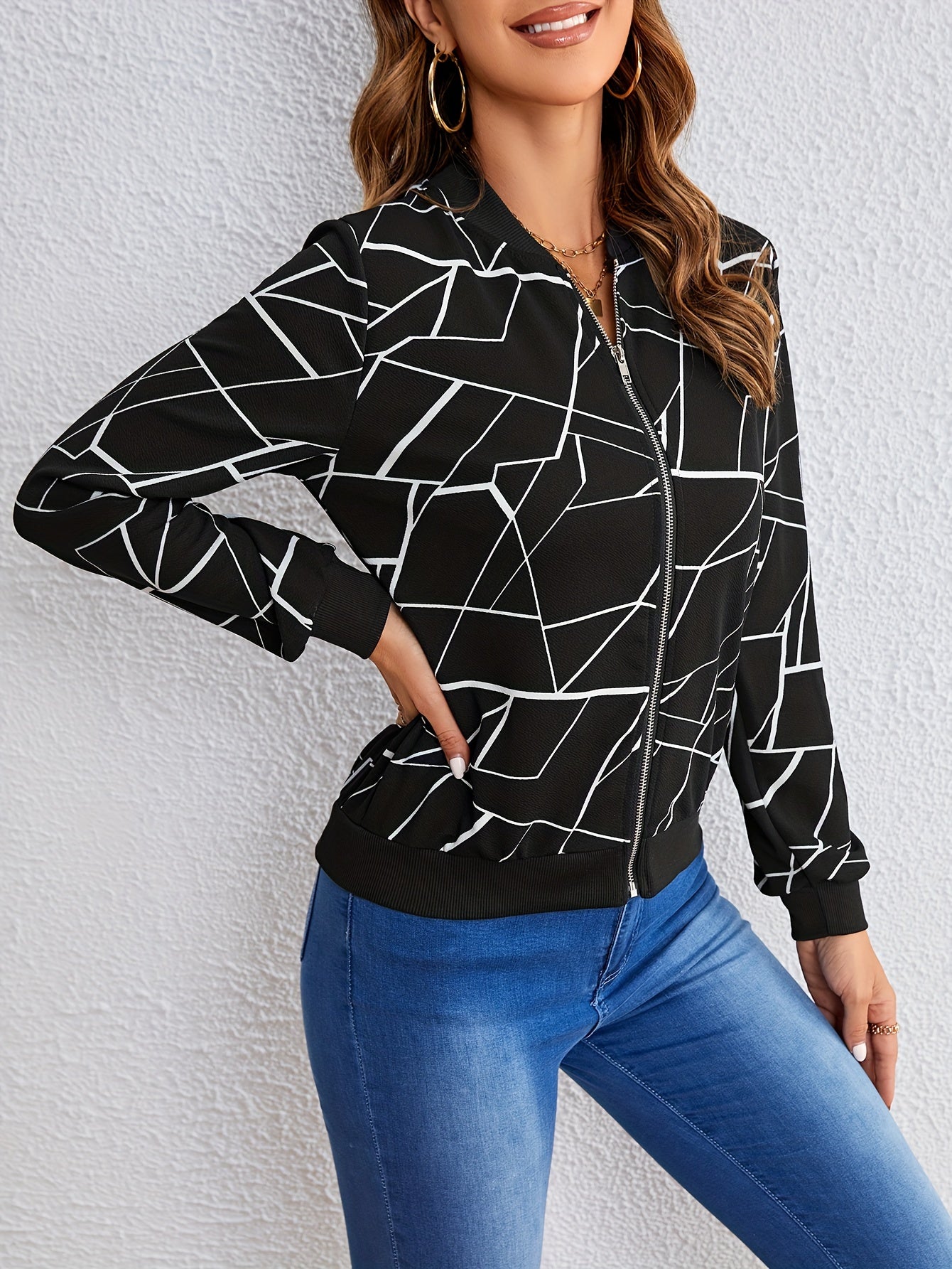 Geo-Print Jacke mit Reißverschluss, Lässige Langarmjacke