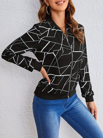 Geo-Print Jacke mit Reißverschluss, Lässige Langarmjacke