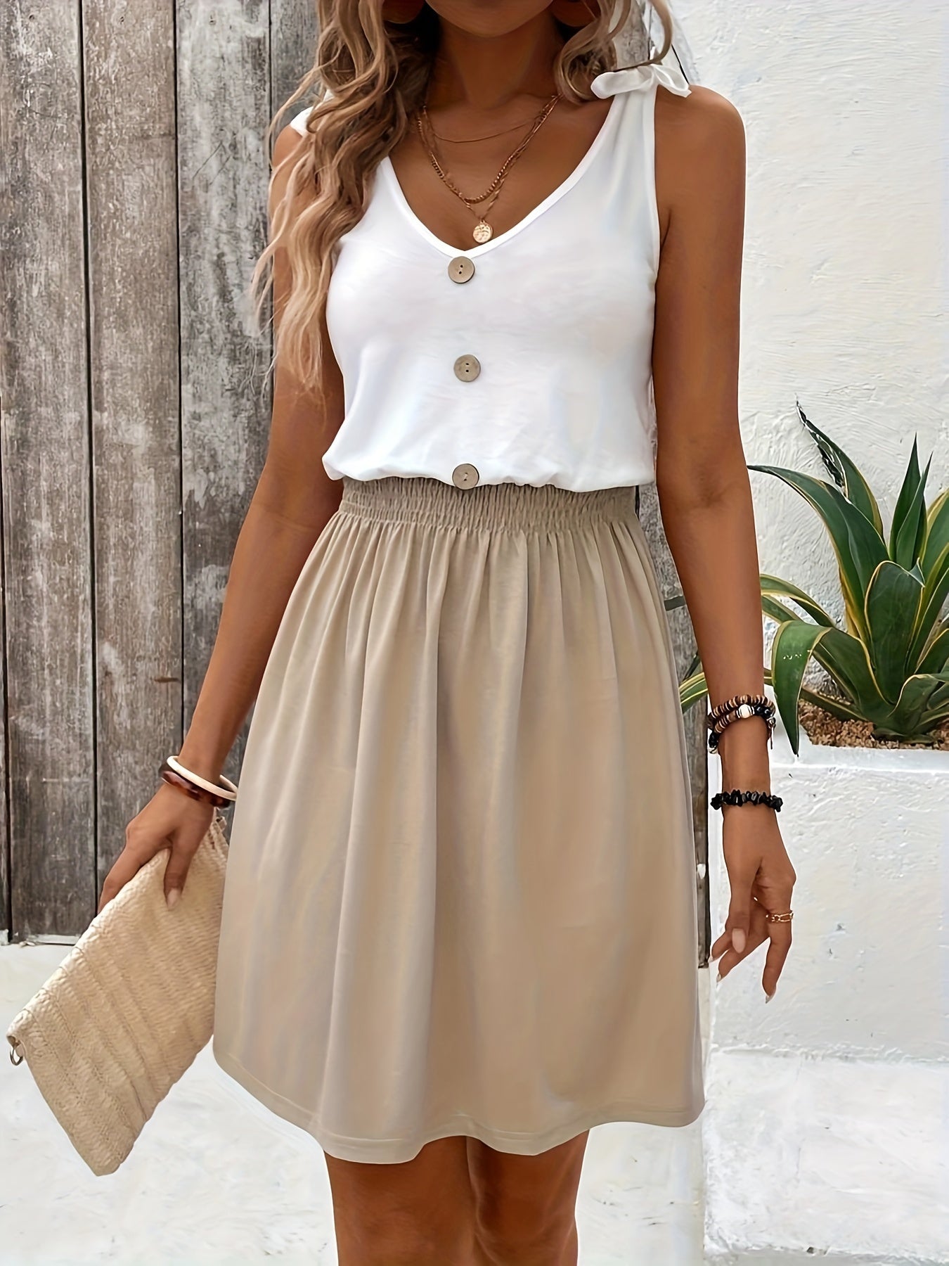 Weiß-Beiges Knopfdekor-Tankkleid - Isabella