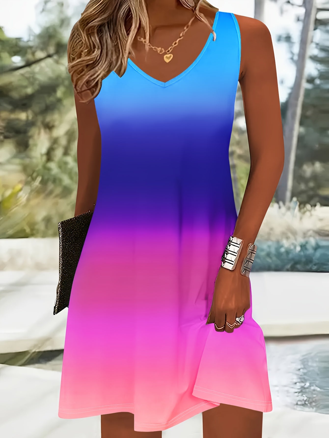 Blaues Ombre-Kleid mit V-Ausschnitt - Alina