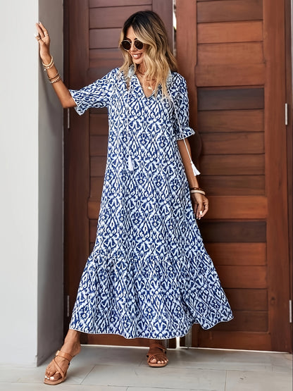 Blau-Beiges Grafikkleid mit Quasten - Emily