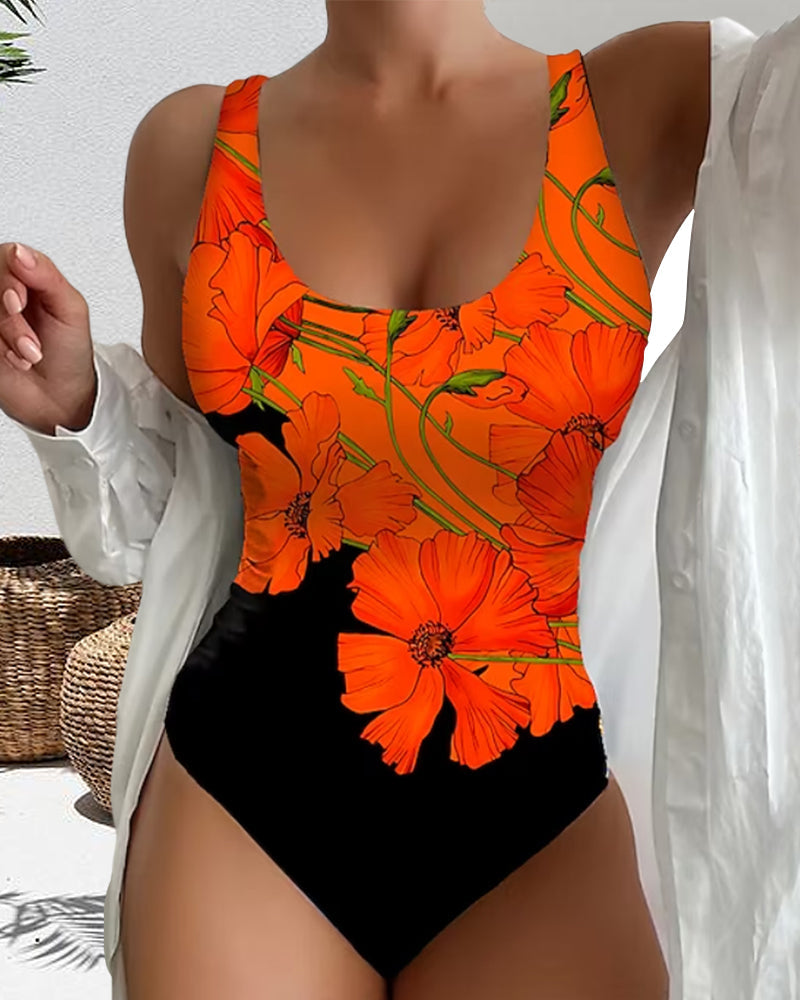 Flora - Orangefarbener Badeanzug mit Blumenprint