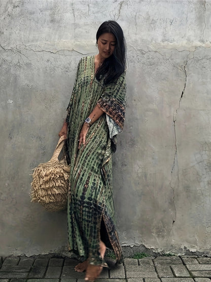 Armeegrüner Batik-Kaftan - Leila