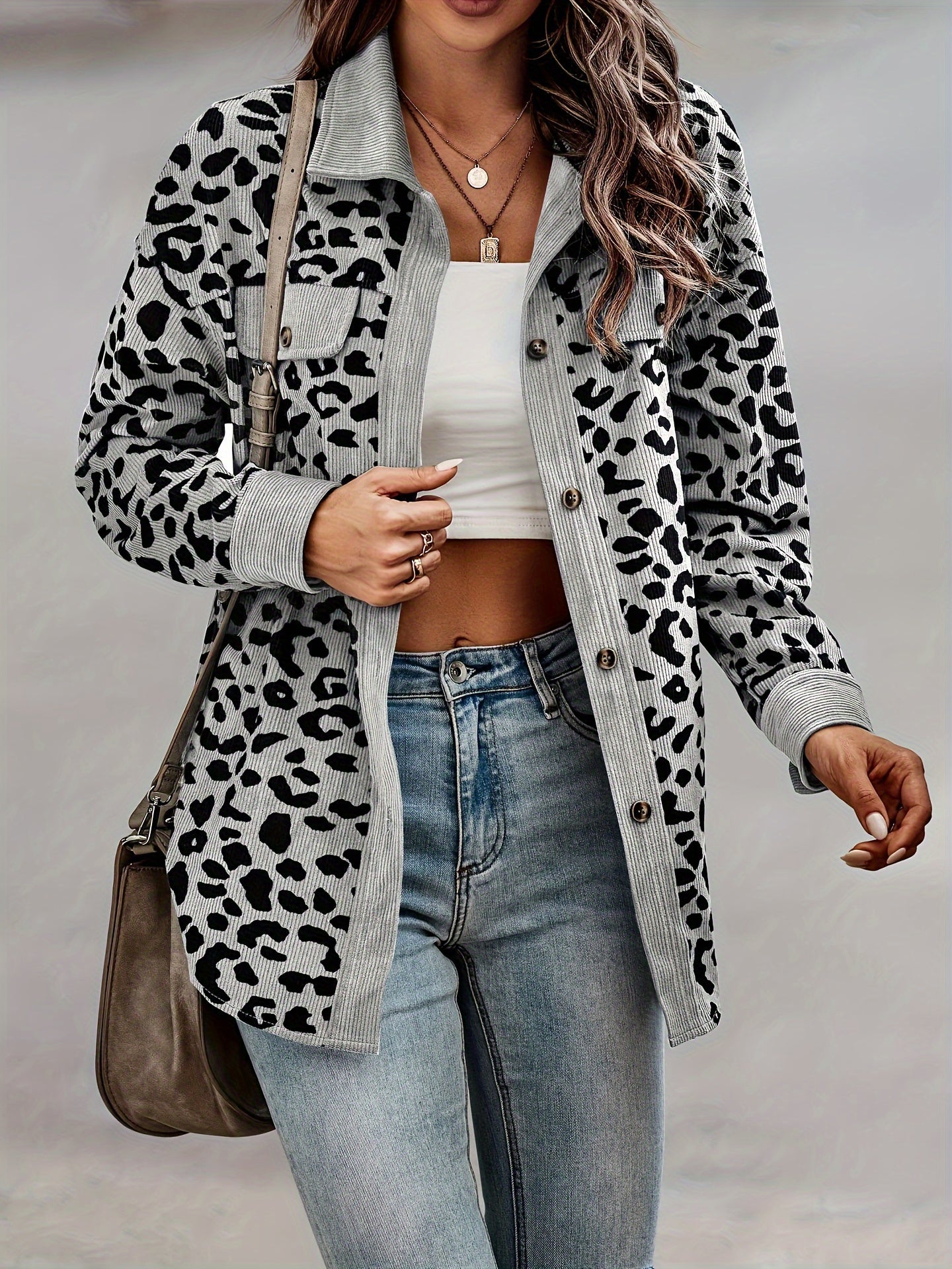 Leopardenmuster Langarm-Jacke mit Knopfleiste - Fiona