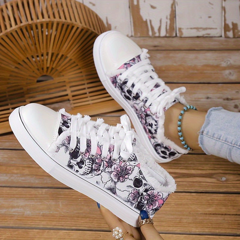 Damen Skull Print Canvas Sneakers – Bequeme Freizeitschuhe mit Schnürung