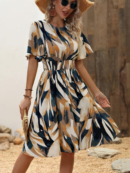 Braunes Printkleid mit Gürtel - Clara