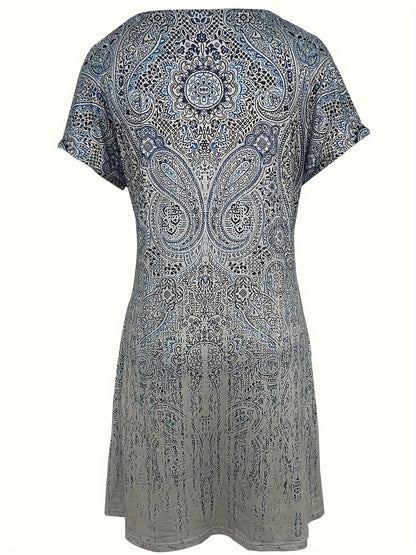 Stahlblaues Druckkleid Kurzarm - Anna