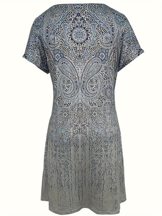 Stahlblaues Druckkleid Kurzarm - Anna