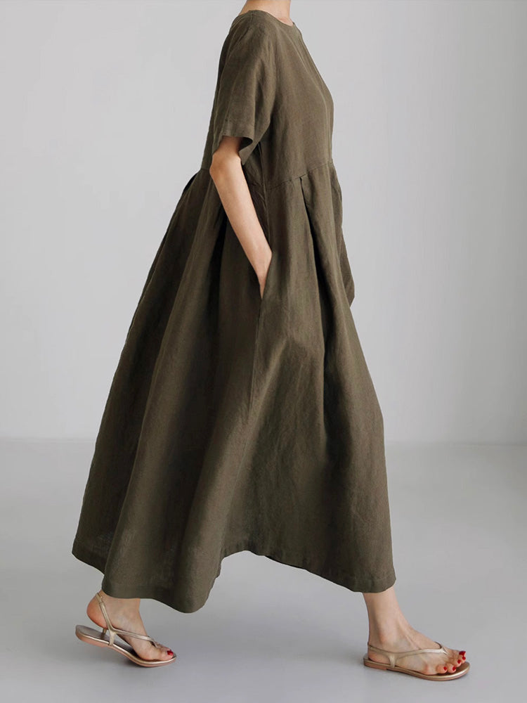 Marineblaues Lockeres Midi-Kleid Mit Seitentaschen - Clara