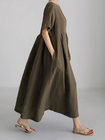 Marineblaues Lockeres Midi-Kleid Mit Seitentaschen - Clara