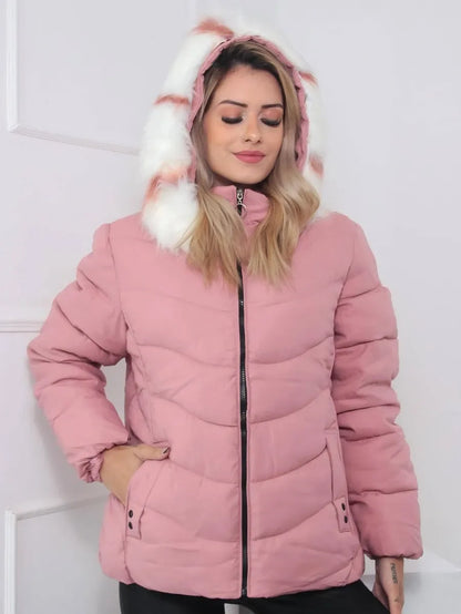 Grüne Steppjacke mit Fellkapuze - Amethyst