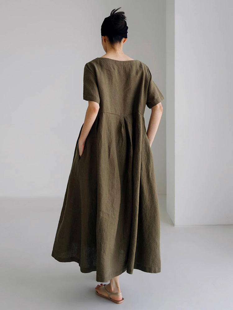 Marineblaues Lockeres Midi-Kleid Mit Seitentaschen - Clara