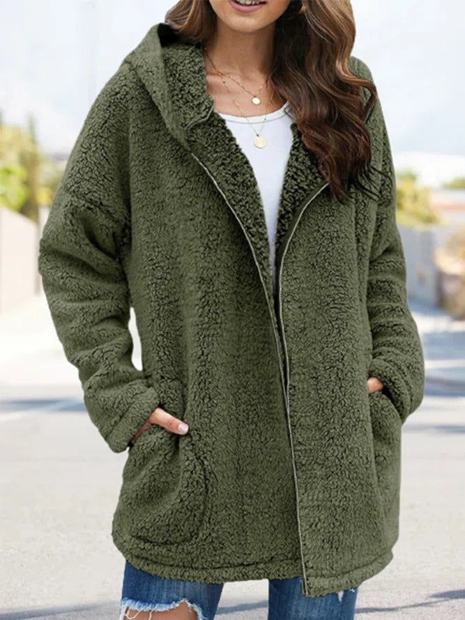Damen Teddyjacke mit Reißverschluss – Olivegrün
