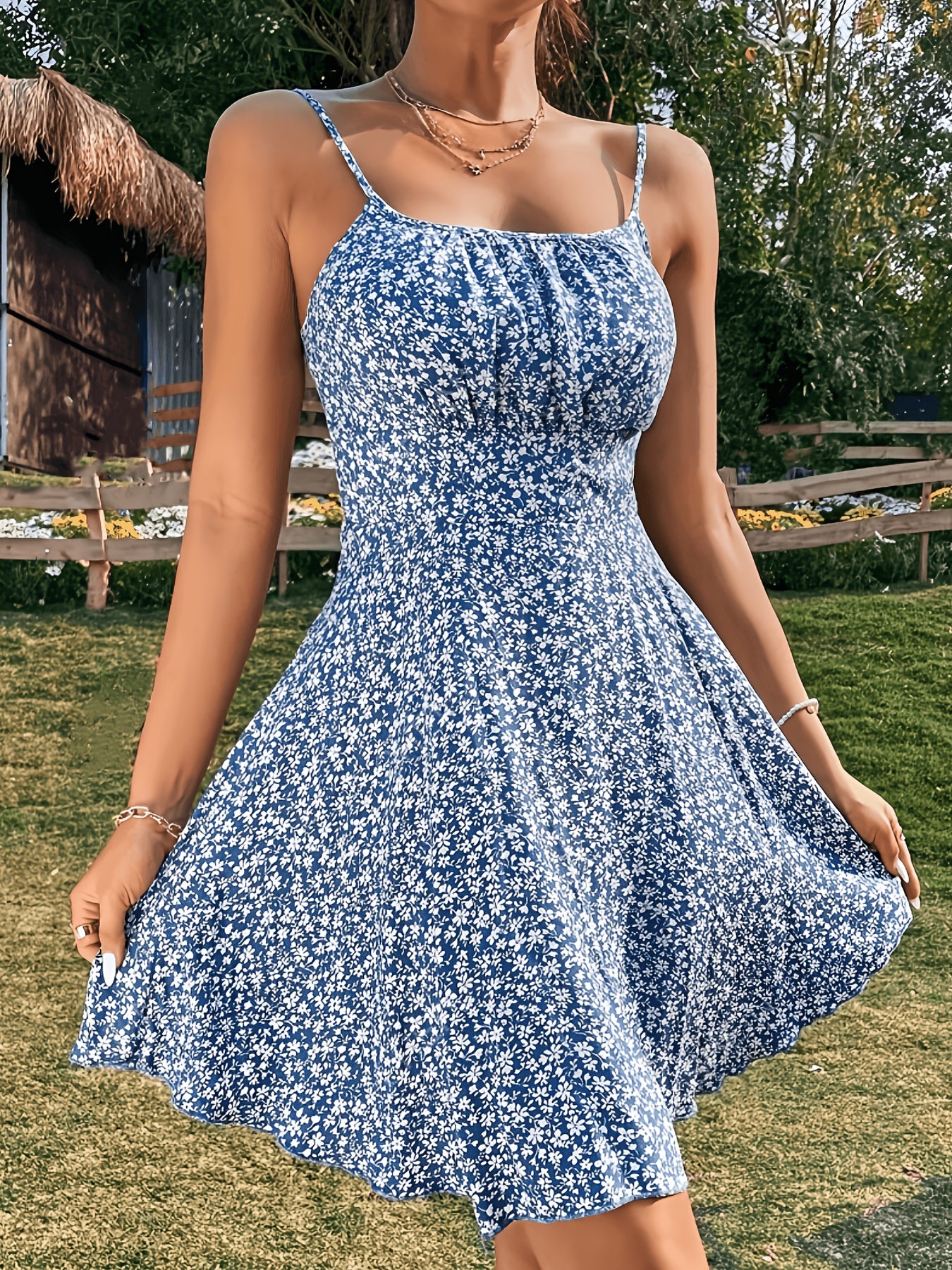 Blaues Blumenmuster-Kleid mit Raffung - Leona