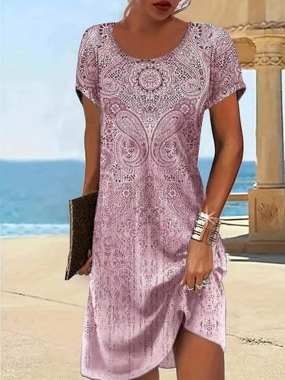 Stahlblaues Druckkleid Kurzarm - Anna