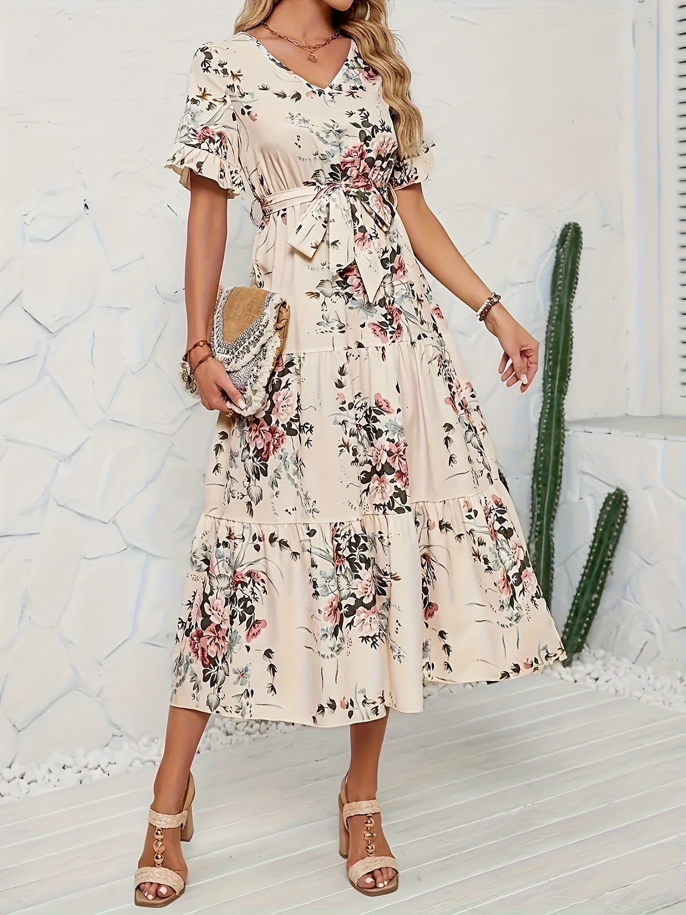 Beiges Blumen Maxikleid - Emilia