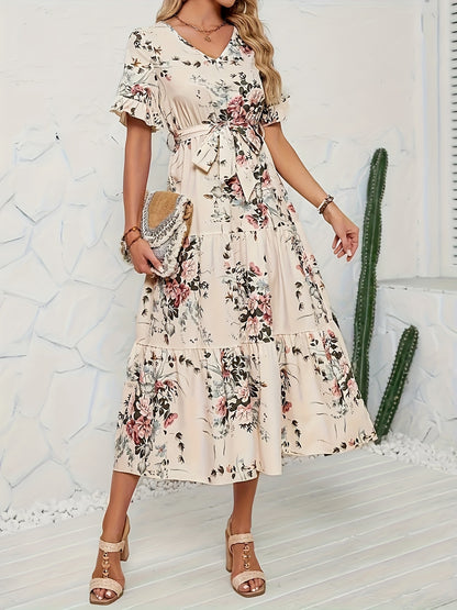 Beiges Blumen Maxikleid - Emilia