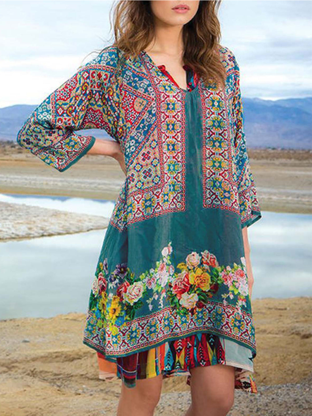 Boho-Kleid in Türkis mit Blumenmuster - Liora