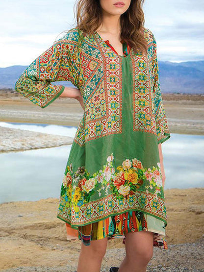 Boho-Kleid in Türkis mit Blumenmuster - Liora