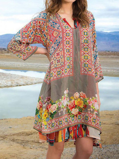 Boho-Kleid in Türkis mit Blumenmuster - Liora