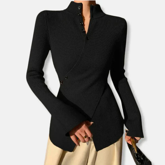 Fiona – slim fit strickpullover mit hohem kragen und knopfdetails