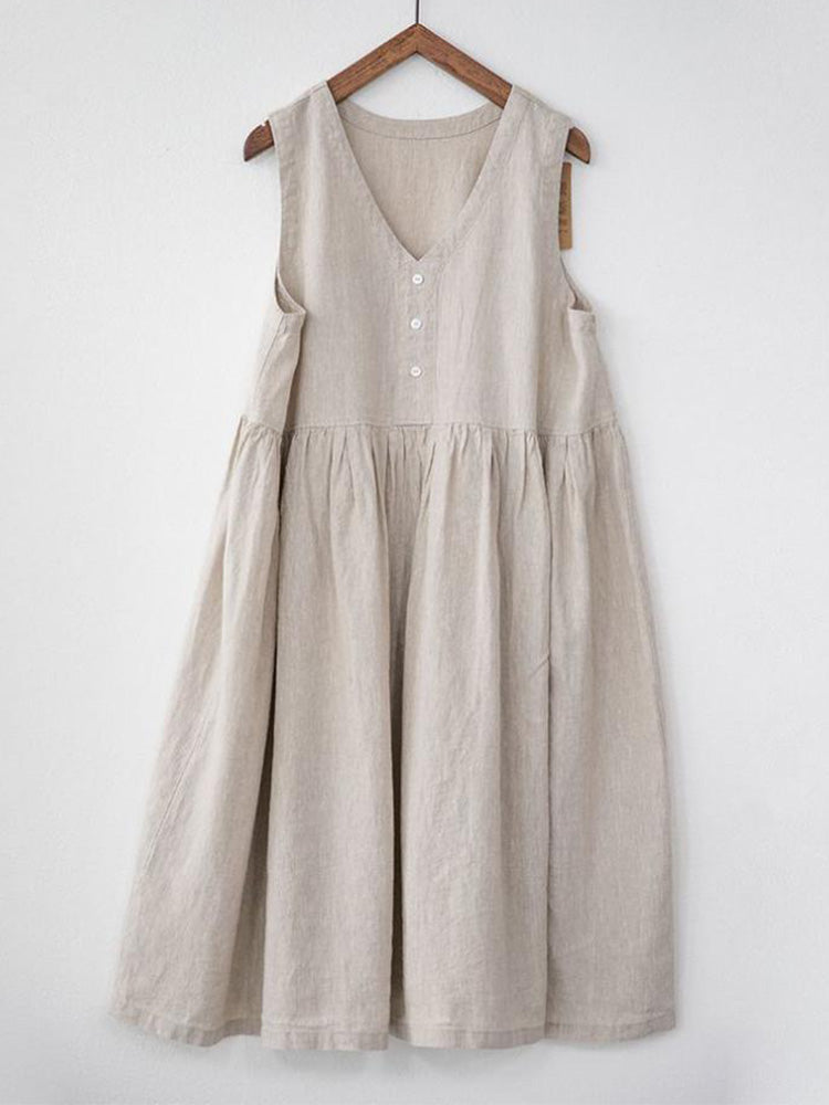 Beiges Ärmelloses Midikleid Mit Knopfdetails - Emma