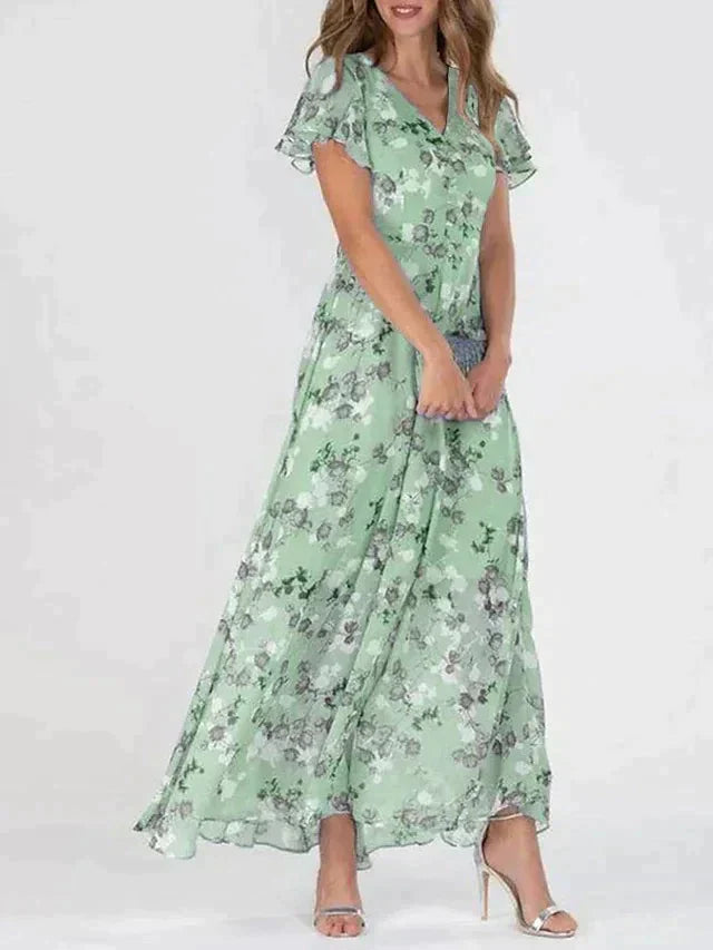 Romantisches blumenmaxikleid mit rüschen