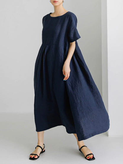 Marineblaues Lockeres Midi-Kleid Mit Seitentaschen - Clara