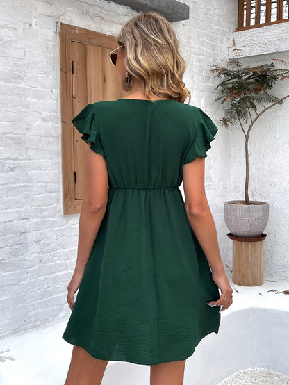 Dunkelgrünes Rüschenärmel-Kleid - Mia