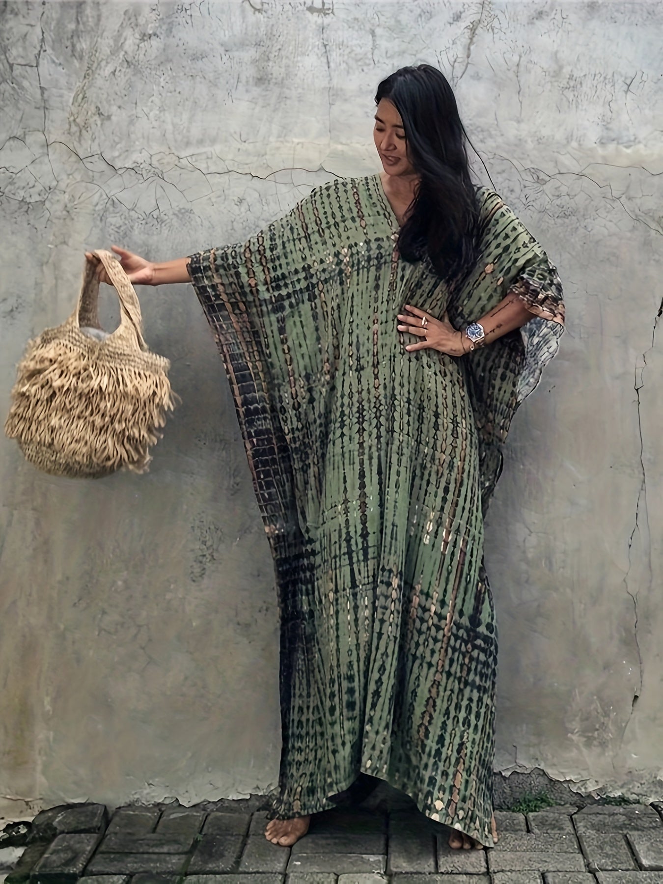 Armeegrüner Batik-Kaftan - Leila