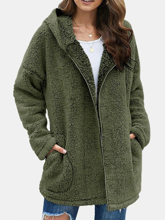 Damen Teddyjacke mit Reißverschluss – Olivegrün