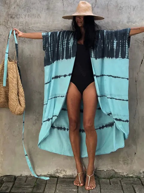 Mia - Blau-Weiß Gestreiftes Strand-Kimono