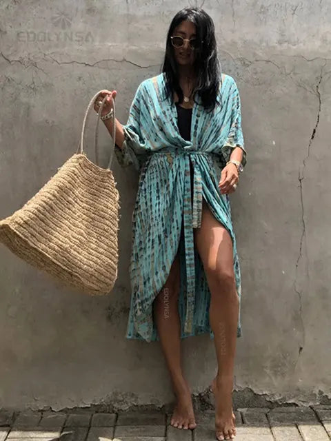 Mia - Blau-Weiß Gestreiftes Strand-Kimono