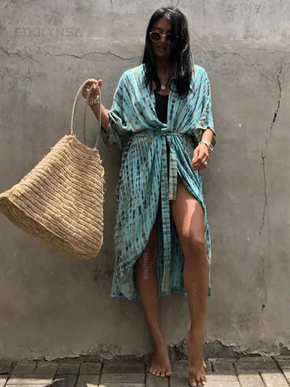 Mia - Blau-Weiß Gestreiftes Strand-Kimono