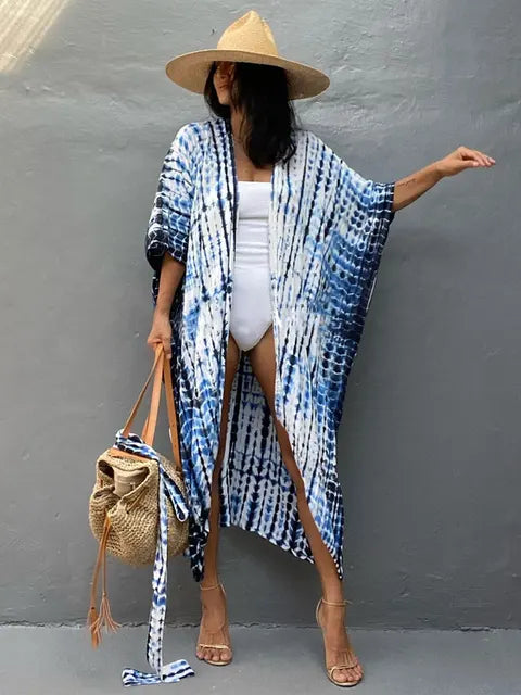 Mia - Blau-Weiß Gestreiftes Strand-Kimono