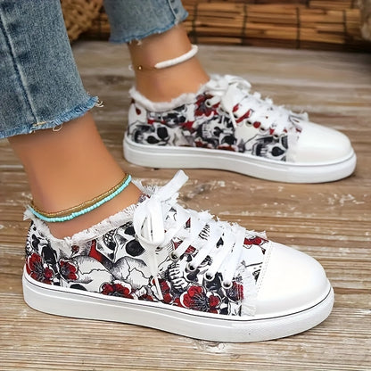Damen Skull Print Canvas Sneakers – Bequeme Freizeitschuhe mit Schnürung