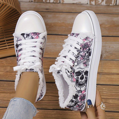Damen Skull Print Canvas Sneakers – Bequeme Freizeitschuhe mit Schnürung