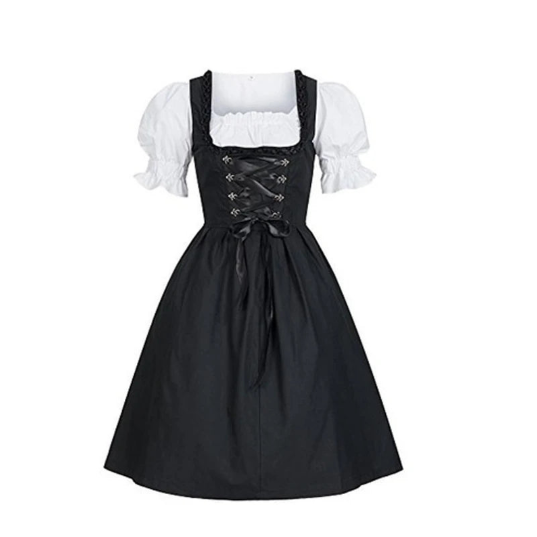 Ensley | dirndl kleid in uni-schwarz mit punkteschürze für frauen